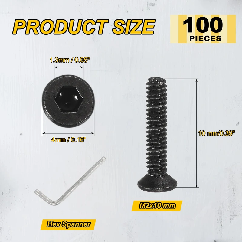 M2x10 mm Flat Head Socket Cap Screws, 100 Pcs Bolt with Hex Spanner, Black