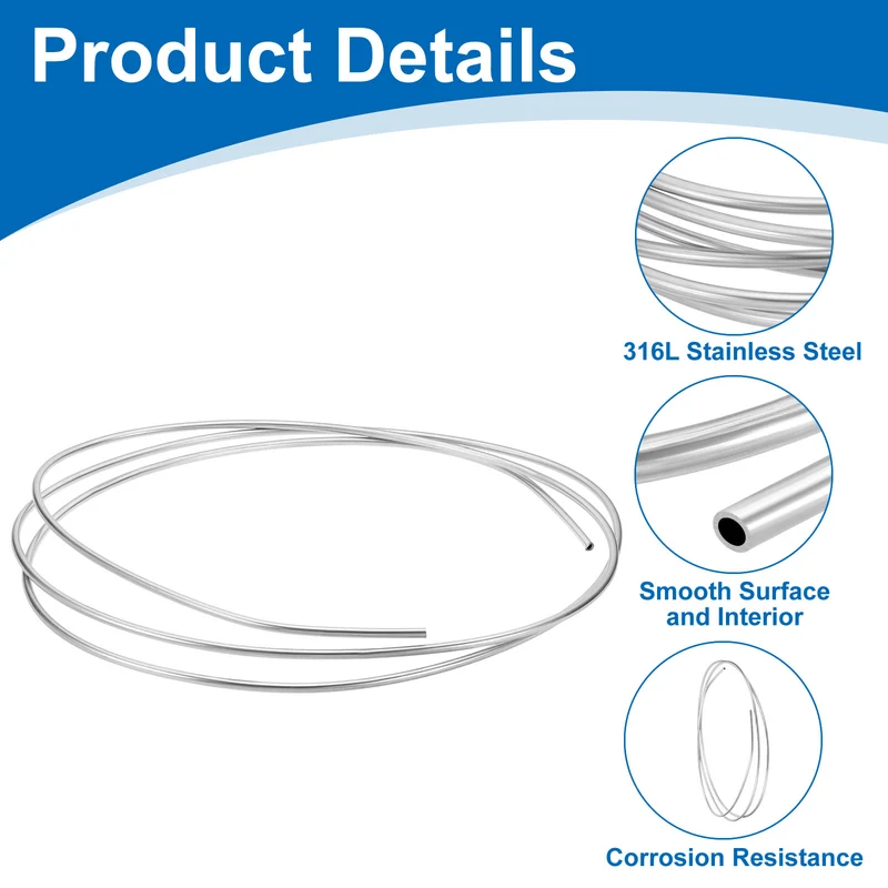 1/4" OD x 10 ft Industrial 316L Stainless Steel Tube Wall Thickness 1mm