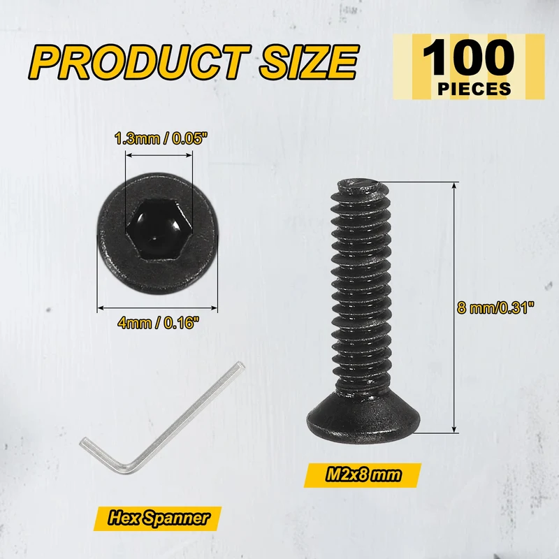 M2x8 mm Flat Head Socket Cap Screws, 100 Pcs Bolt with Hex Spanner, Black