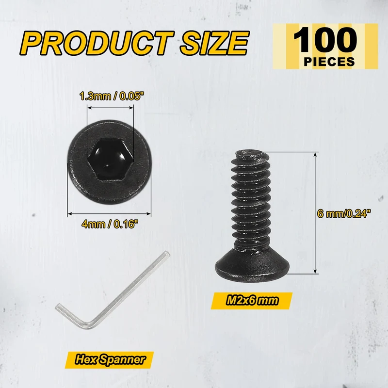 M2x6 mm Flat Head Socket Cap Screws, 100 Pcs Bolt with Hex Spanner, Black