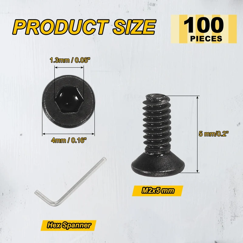 M2x5 mm Flat Head Socket Cap Screws, 100 Pcs Bolt with Hex Spanner, Black
