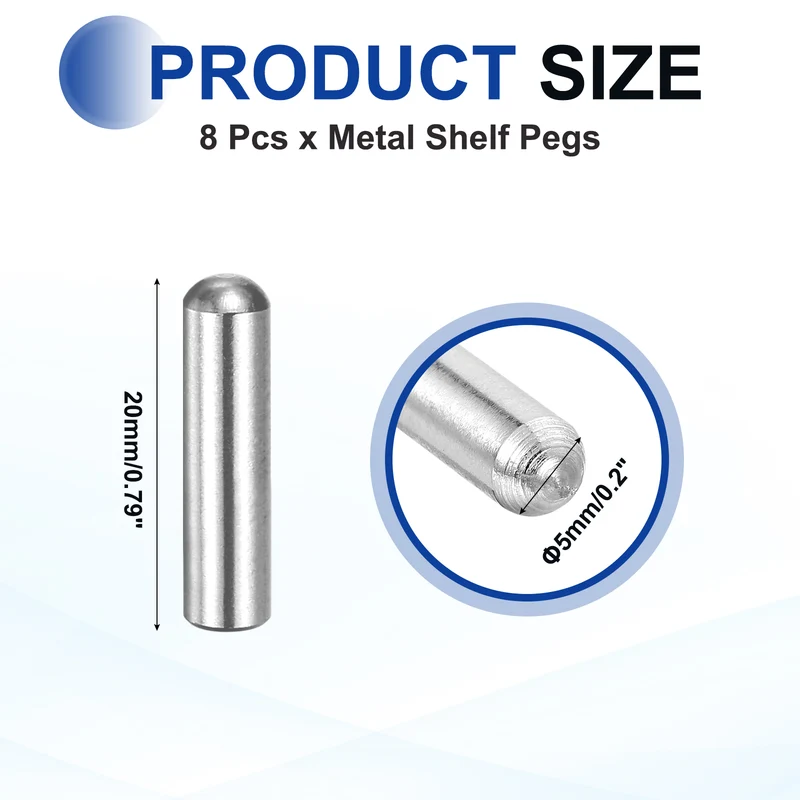 8 Pcs 5x20 mm 304 Stainless Steel Round Head Flat Chamfered End Dowel Pins