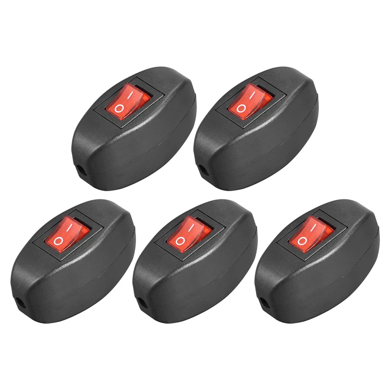 Inline Cord Switch AC250V 6A/ 125V 10A On-Off Control Feed-Through Red Led Rocker Switch for Bedroom Table Lamp Desk Light 5pcs