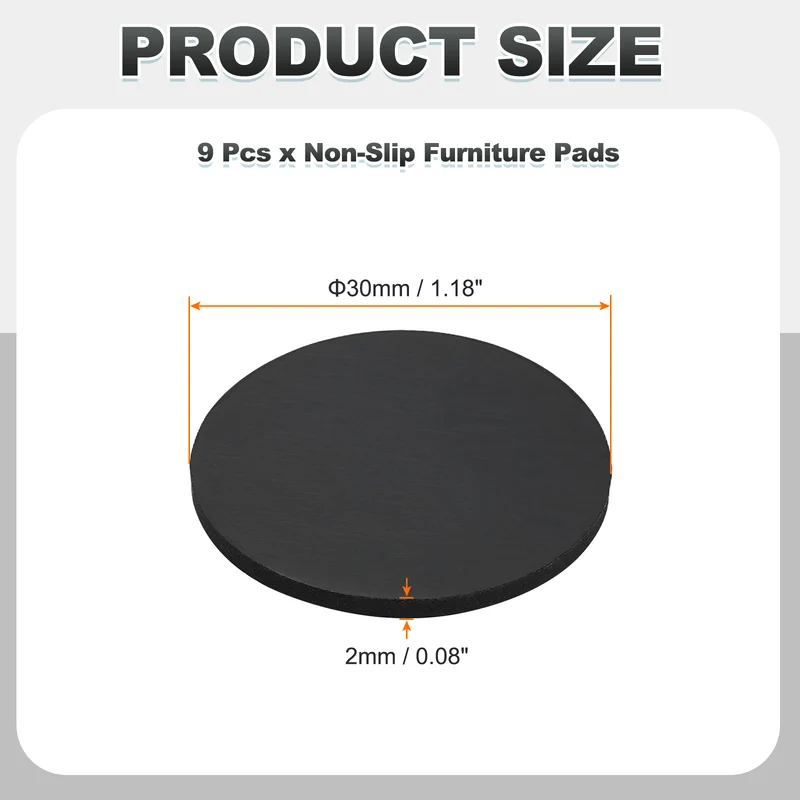 9pcs Non Slip Furniture Pads 1-3/16" x 0.08" Adhesive Round Rubber Feet Black