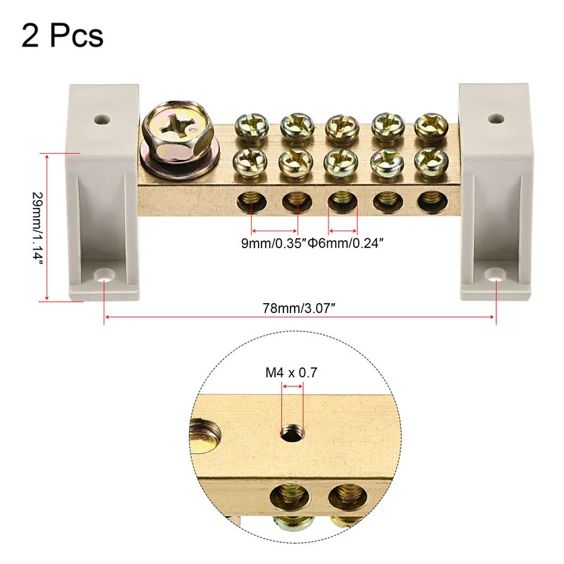 Terminal Ground Bar Screw Block Barrier Brass 9 Positions with Bracket 2 Pcs