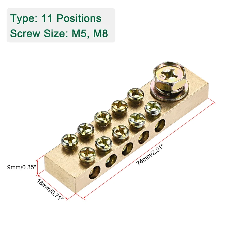 Terminal Ground Bar Screw Block Barrier Brass 9 Positions with Bracket 2 Pcs