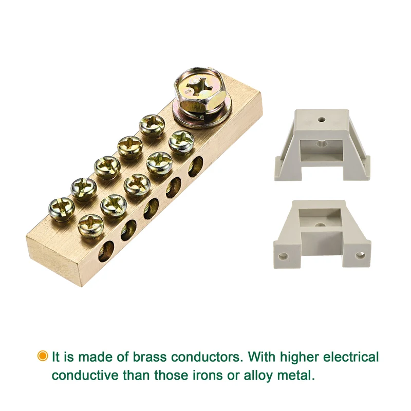 Terminal Ground Bar Screw Block Barrier Brass 9 Positions with Bracket 2 Pcs