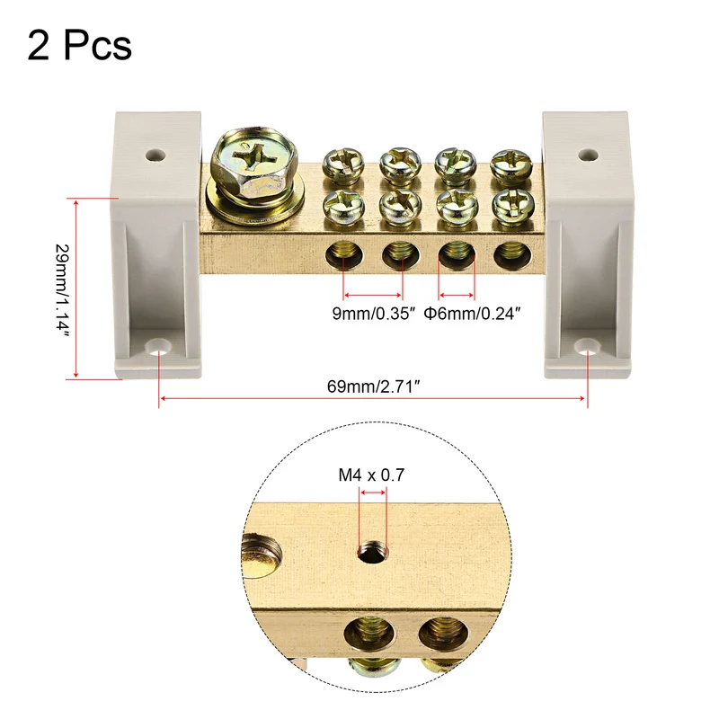 Terminal Ground Bar Screw Block Barrier Brass 9 Positions with Bracket 2 Pcs