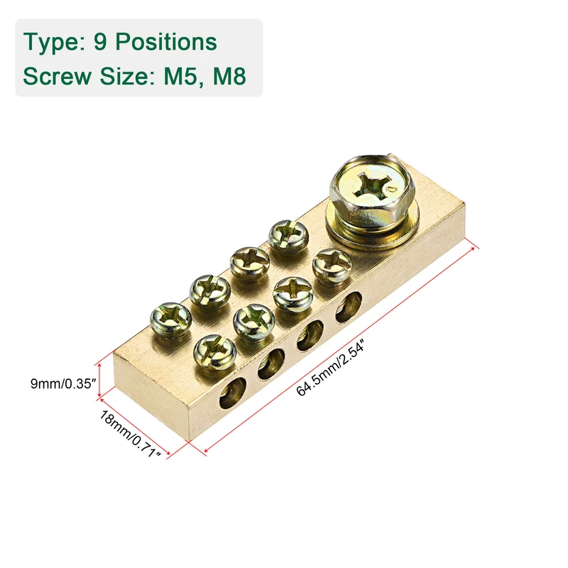 Terminal Ground Bar Screw Block Barrier Brass 9 Positions with Bracket 2 Pcs