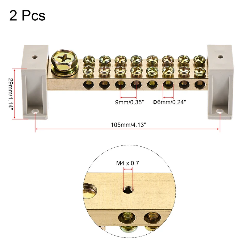 Terminal Ground Bar Screw Block Barrier Brass 9 Positions with Bracket 2 Pcs