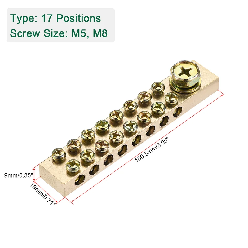 Terminal Ground Bar Screw Block Barrier Brass 9 Positions with Bracket 2 Pcs