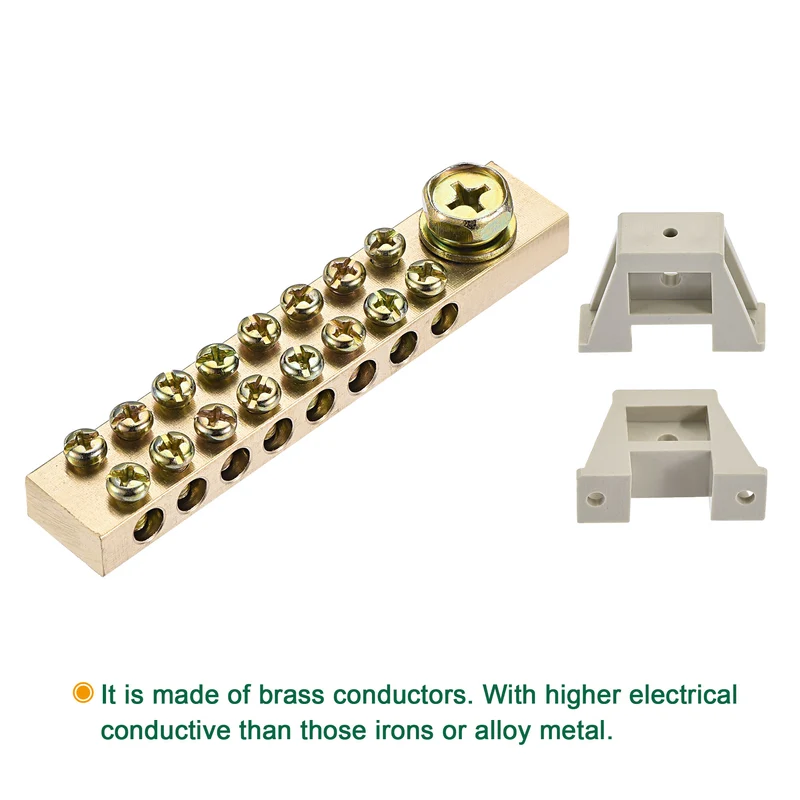 Terminal Ground Bar Screw Block Barrier Brass 9 Positions with Bracket 2 Pcs
