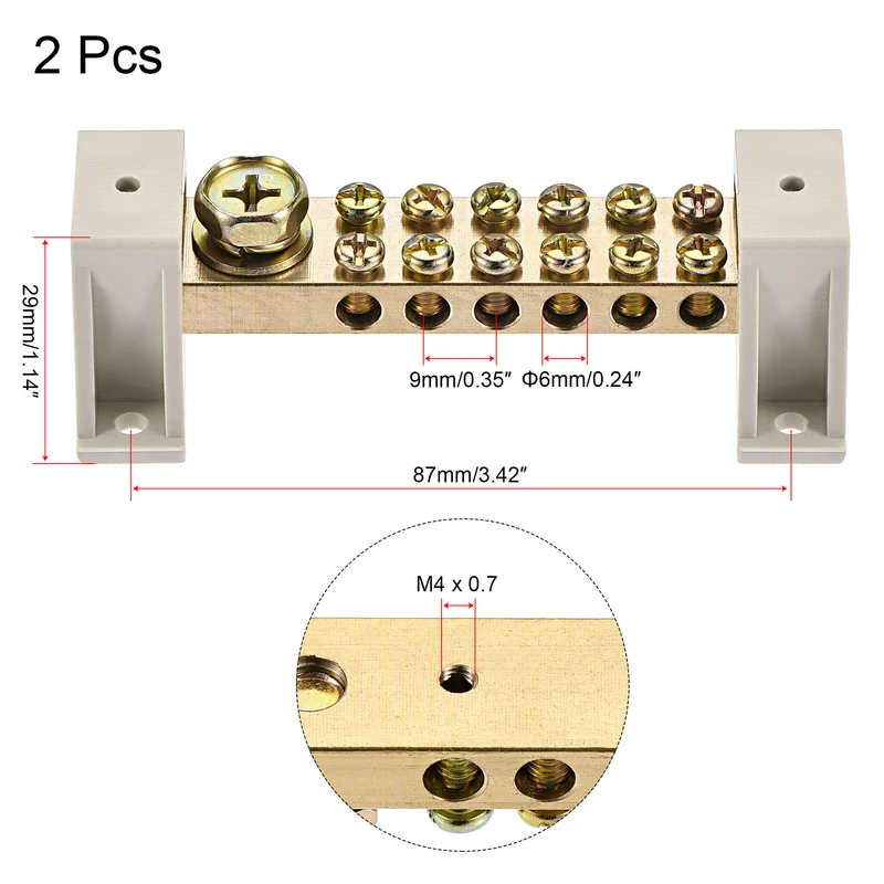 Terminal Ground Bar Screw Block Barrier Brass 9 Positions with Bracket 2 Pcs