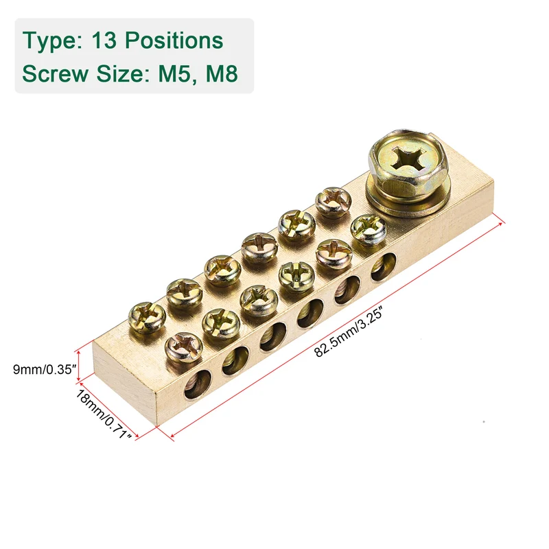 Terminal Ground Bar Screw Block Barrier Brass 9 Positions with Bracket 2 Pcs