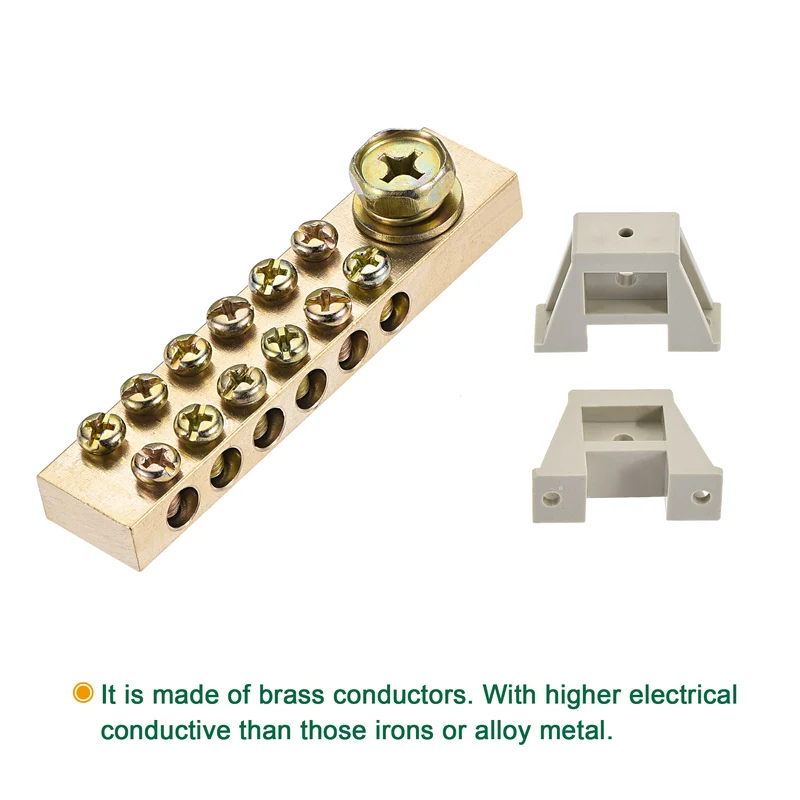 Terminal Ground Bar Screw Block Barrier Brass 9 Positions with Bracket 2 Pcs
