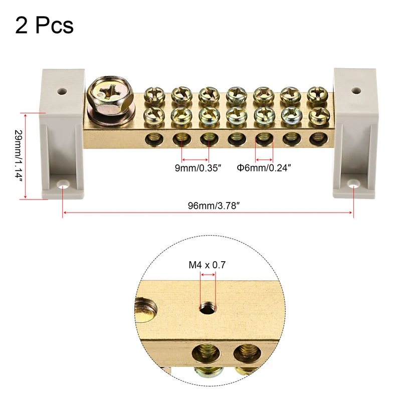 Terminal Ground Bar Screw Block Barrier Brass 9 Positions with Bracket 2 Pcs