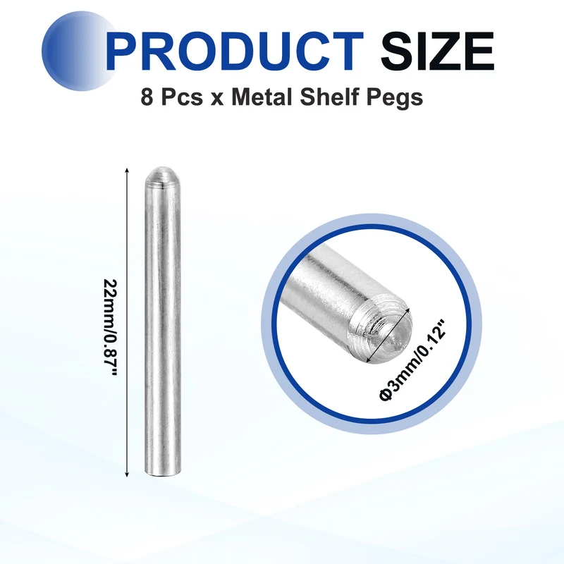 8 Pcs 3x22 mm 304 Stainless Steel Round Head Flat Chamfered End Dowel Pins