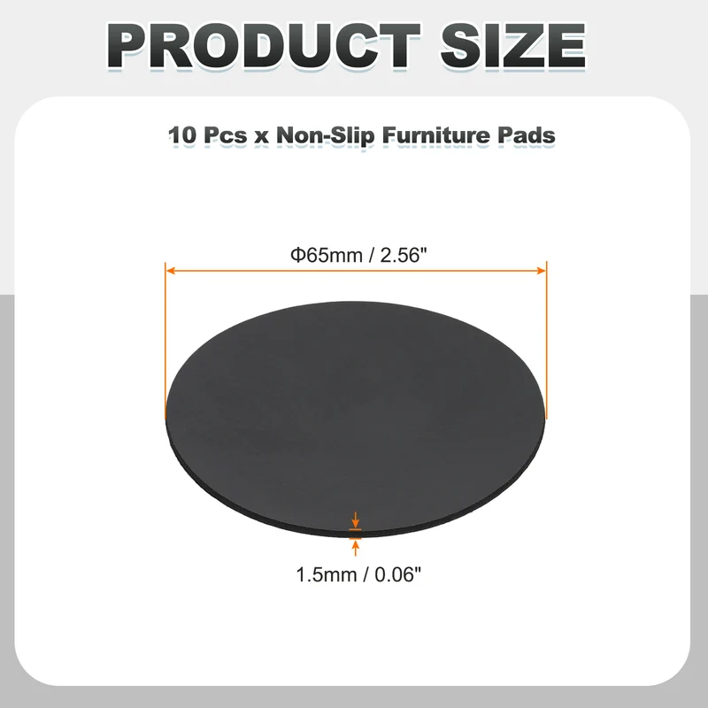 10pcs Non Slip Furniture Pads 2-9/16" x 0.06" Adhesive Round Rubber Feet Black