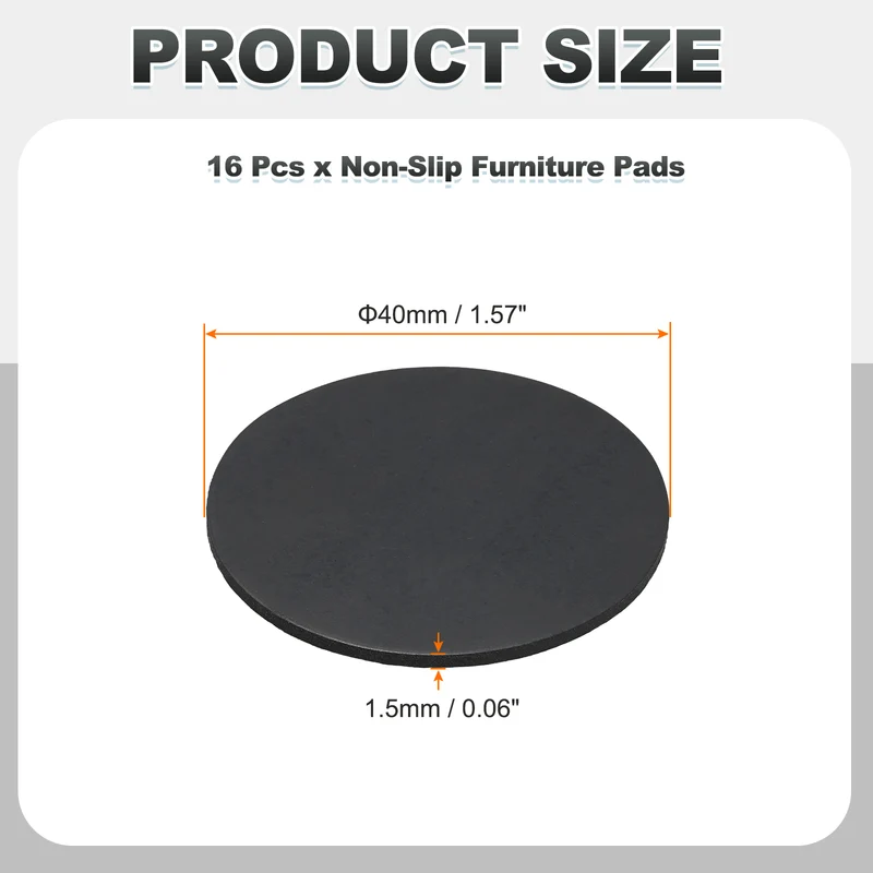 16pcs Non Slip Furniture Pads 1-9/16" x 0.06" Adhesive Round Rubber Feet Black