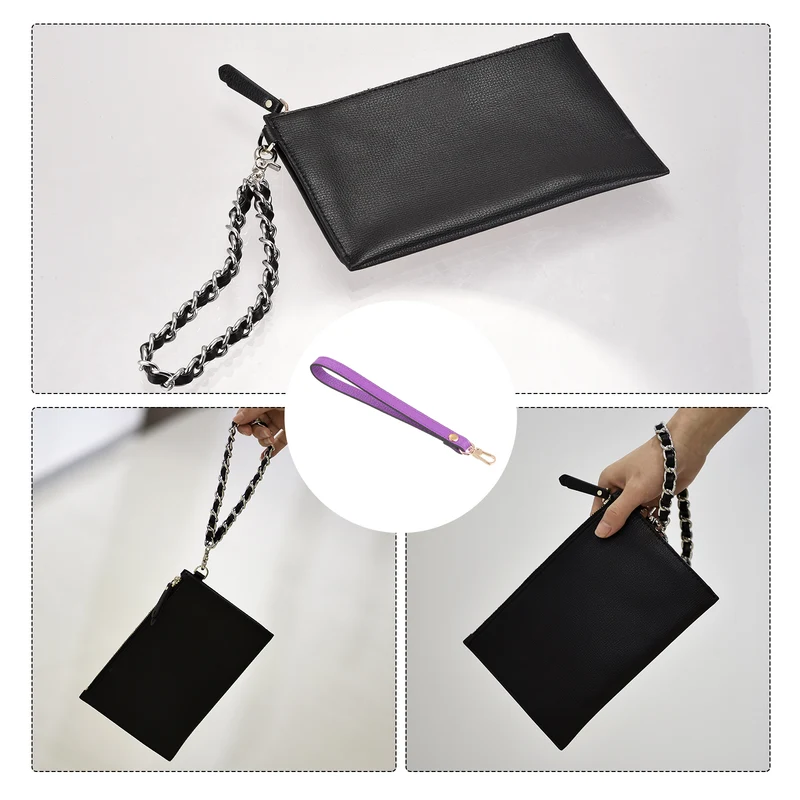 Leather Wristlet Strap, 7.48" Hand Wrist Lanyard Bag Chain, Purple+Gold