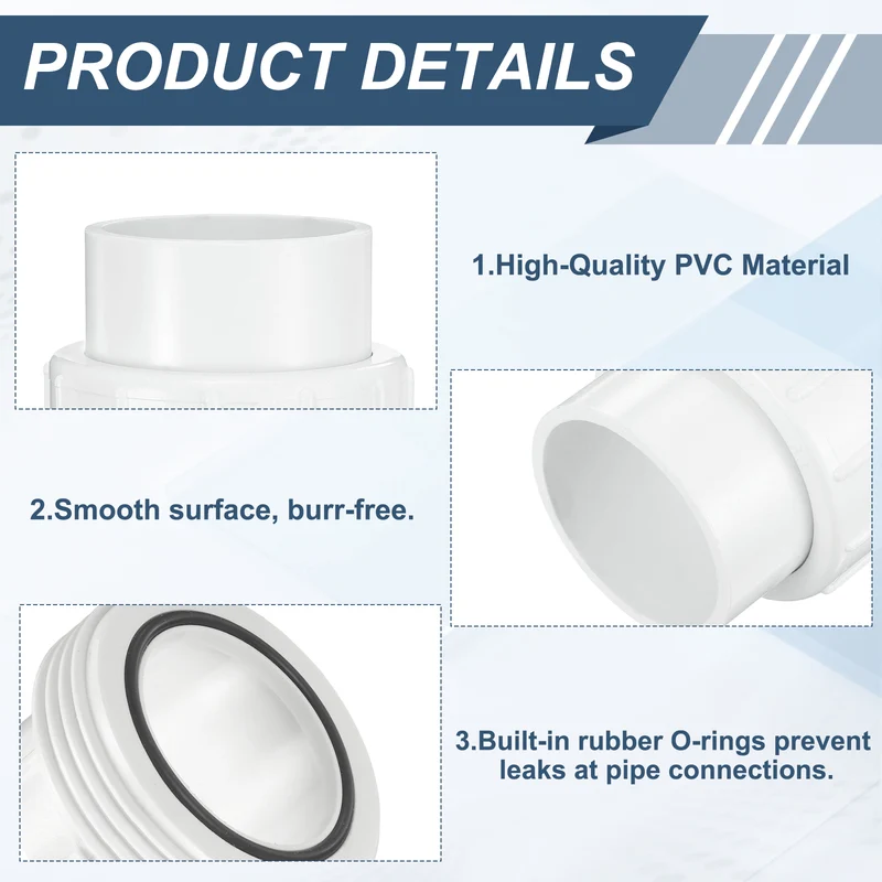 2Pcs 63mm(2") PVC-Union Coupling Pipe Fitting Slip Joint Adapter, White