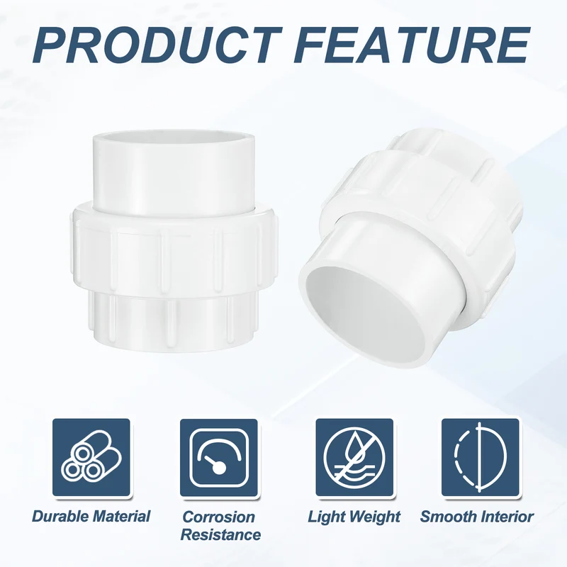 2Pcs 63mm(2") PVC-Union Coupling Pipe Fitting Slip Joint Adapter, White