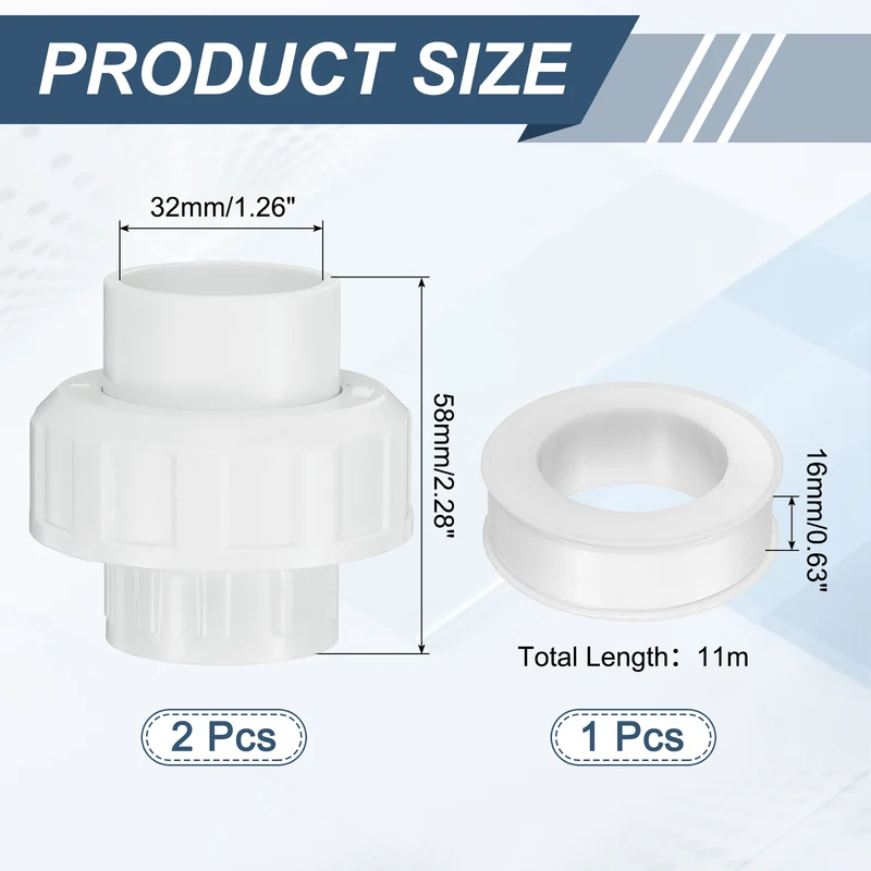 2Pcs 32mm(1") PVC-Union Coupling Pipe Fitting Slip Joint Adapter, White
