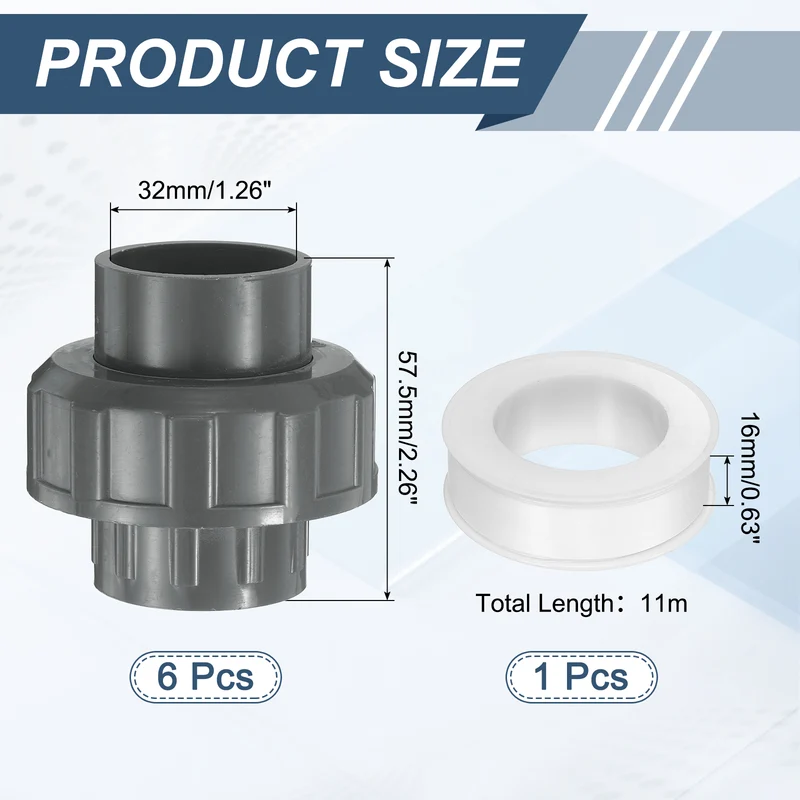 6Pcs 32mm(1") PVC-Union Coupling Pipe Fitting Slip Joint Adapter, Gray