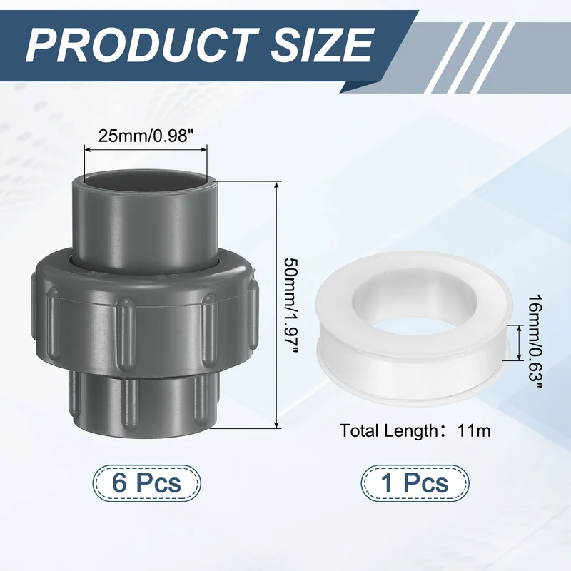 6Pcs 25mm(3/4") PVC-Union Coupling Pipe Fitting Slip Joint Adapter, Gray
