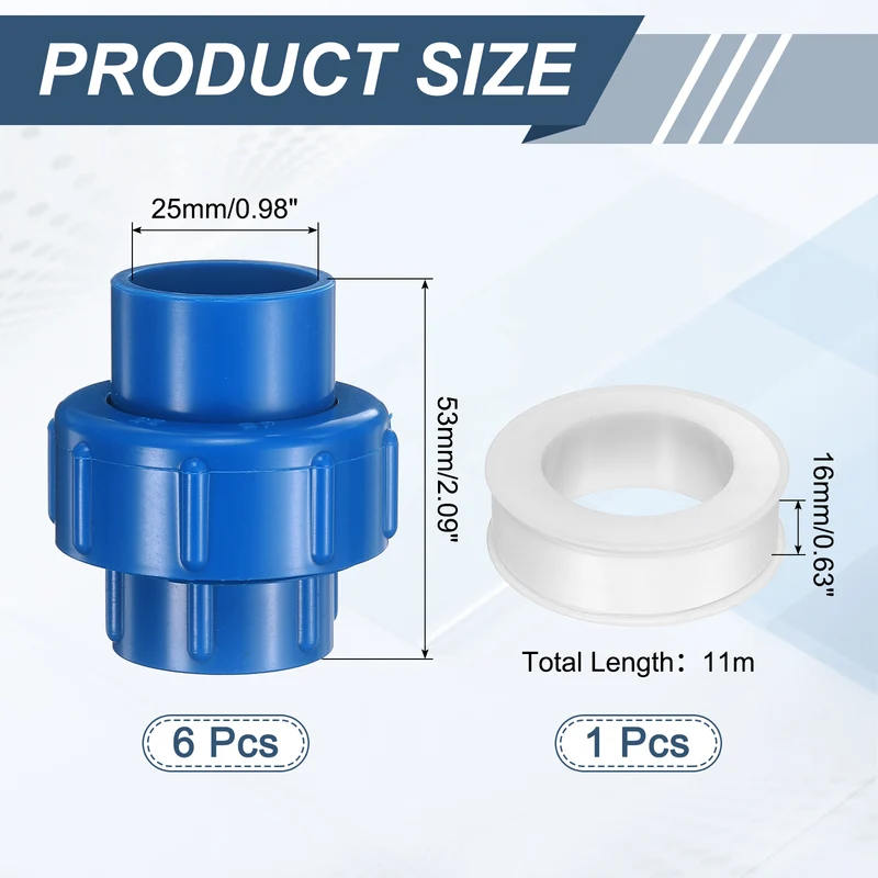 6Pcs 25mm(3/4") PVC-Union Coupling Pipe Fitting Slip Joint Adapter, Blue