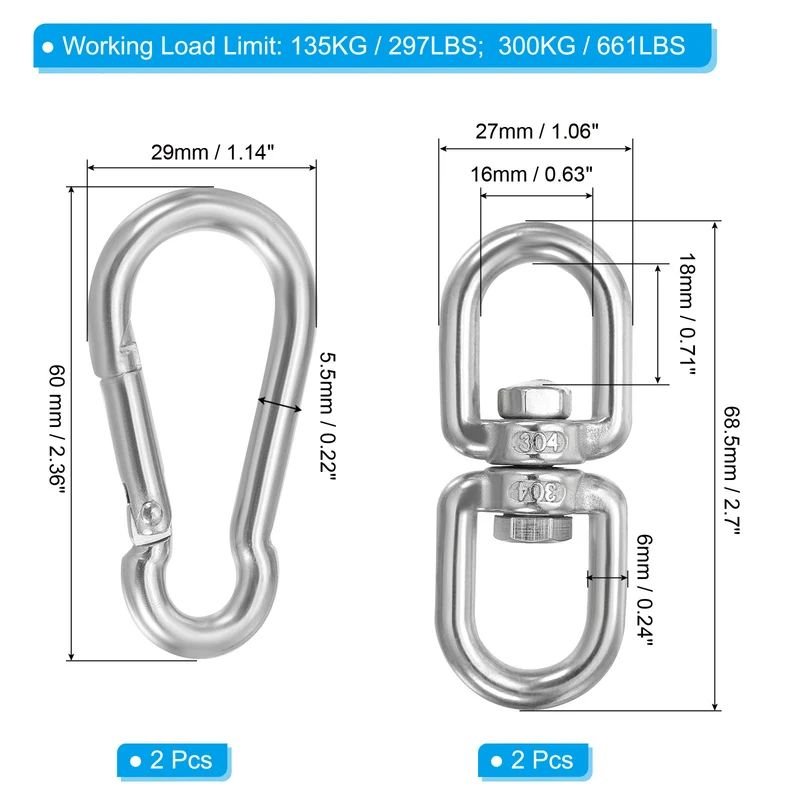 Double Ended Swivel Eye Hook M6 Working Load 135kg/297lbs with Snap Hook