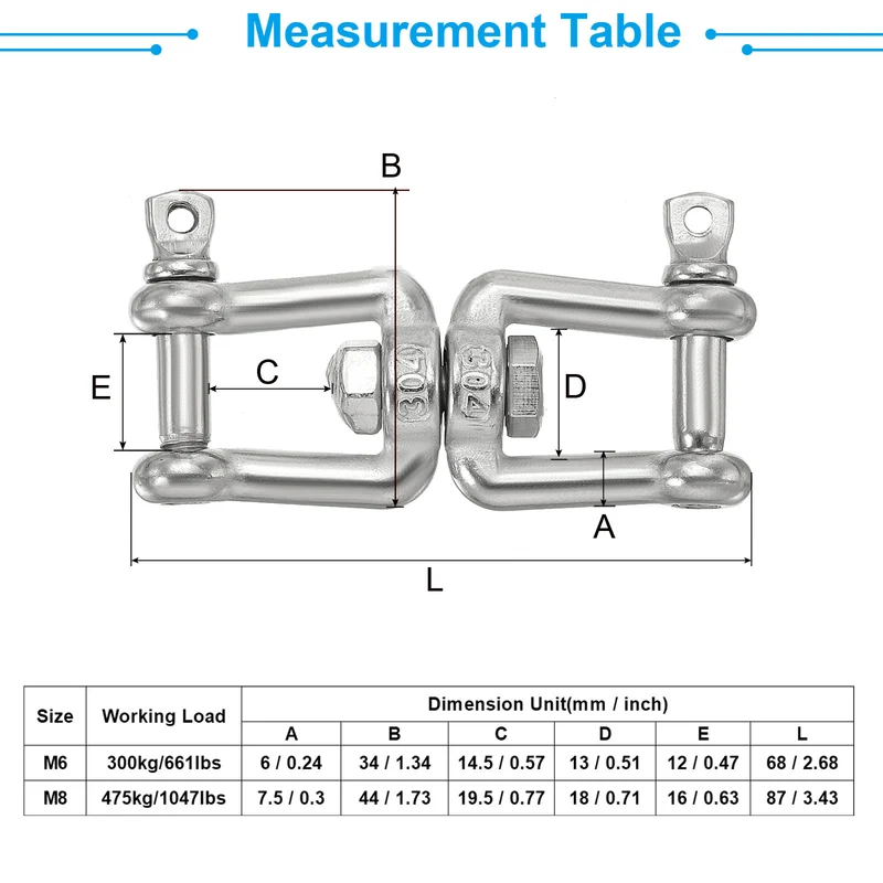 Double Shackle Swivel Hook M8 Working Load 475kg/1047lbs, for Hanging