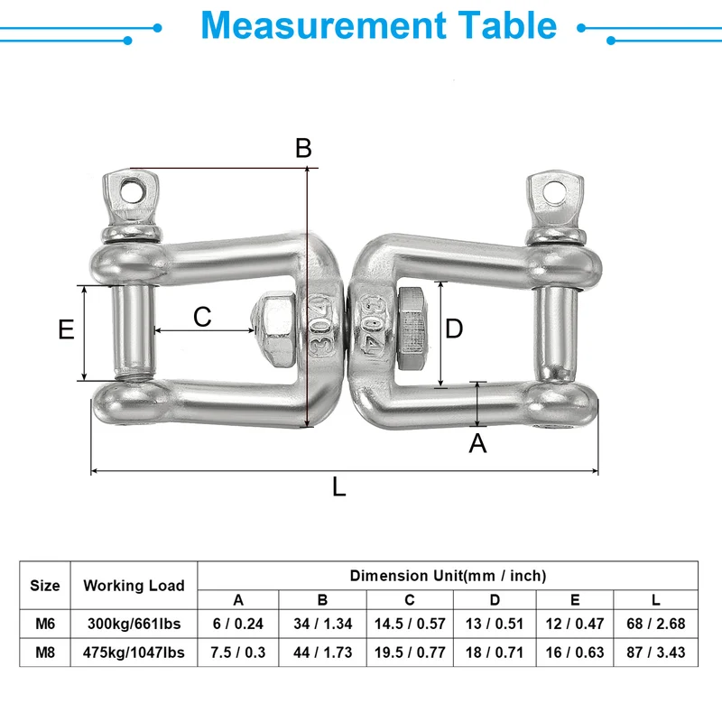 Double Shackle Swivel Hook M6 Working Load 300kg/66lbs, for Hanging