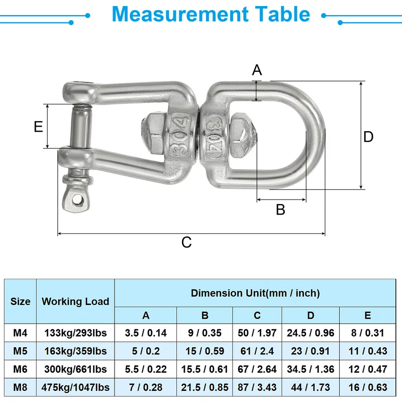 Double Ended Swivel Hook M8 Working Load 475kg/1047lbs, for Hanging