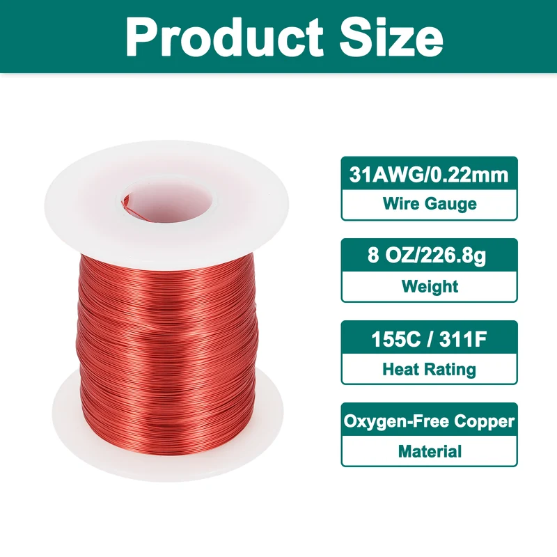 31 AWG Magnet Wire, 31 Gauge 8 oz Enameled Copper Wire, 155C(311F), Red,White