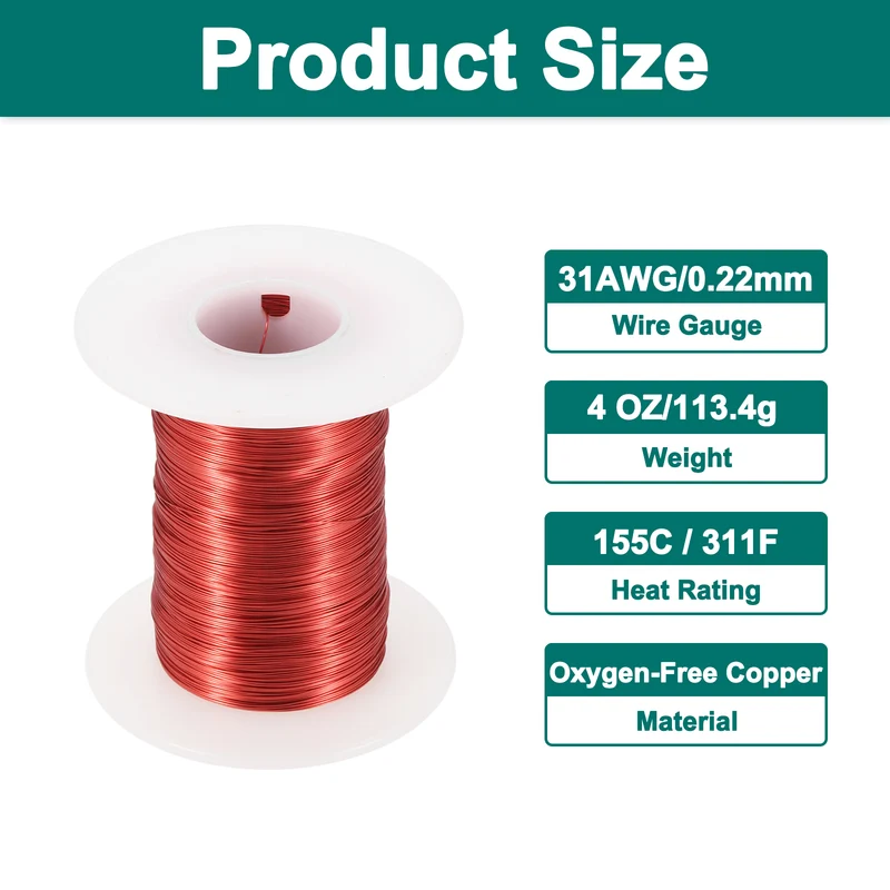 31 AWG Magnet Wire, 31 Gauge 4 oz Enameled Copper Wire, 155C(311F), Red,White