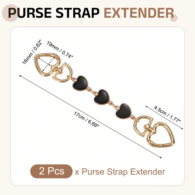 2Pcs Purse Strap Extender, Metal Bag Replacement Strap, Black Rhinestone Heart