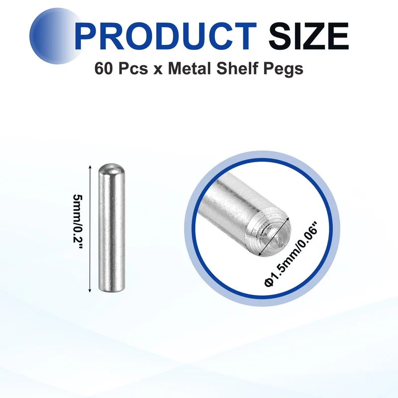 60 Pcs 1.5x5 mm 304 Stainless Steel Round Head Flat Chamfered End Dowel Pins