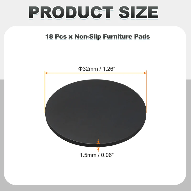 18pcs Non Slip Furniture Pads 1-1/4" x 0.06" Adhesive Round Rubber Feet Black