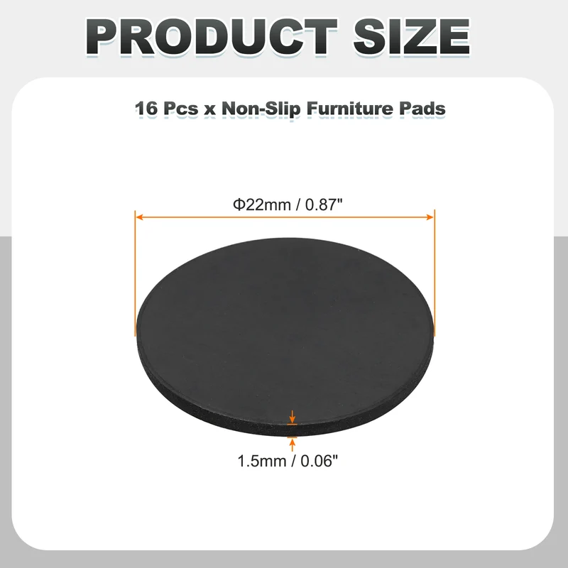 16pcs Non Slip Furniture Pads 7/8" x 0.06" Adhesive Round Rubber Feet Black