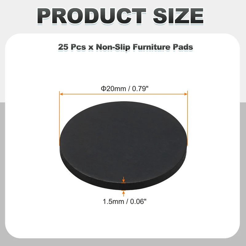 25pcs Non Slip Furniture Pads 13/16" x 0.06" Adhesive Round Rubber Feet Black