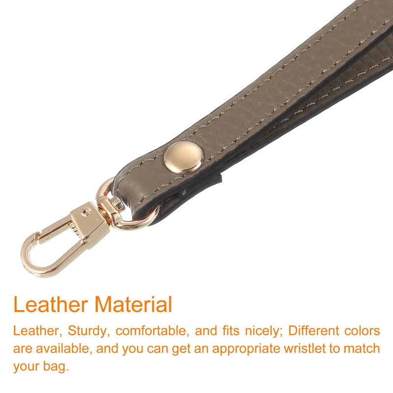 Leather Wristlet Strap, 7.48" Hand Wrist Lanyard Bag Chain, Khaki+Gold