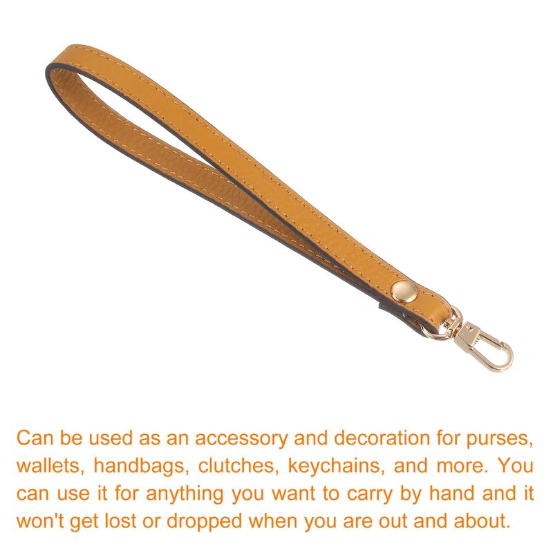 Leather Wristlet Strap, 7.48" Hand Wrist Lanyard Bag Chain, Ginger Yellow+Gold