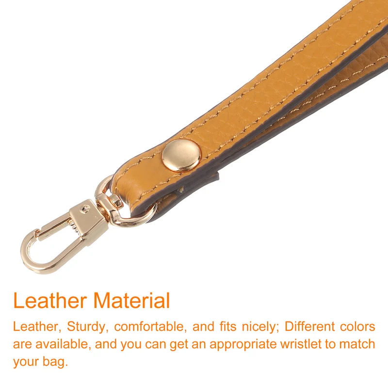 Leather Wristlet Strap, 7.48" Hand Wrist Lanyard Bag Chain, Ginger Yellow+Gold