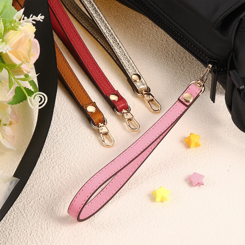 Leather Wristlet Strap, 7.48" Hand Wrist Lanyard Bag Chain, Dark Yellow+Gold