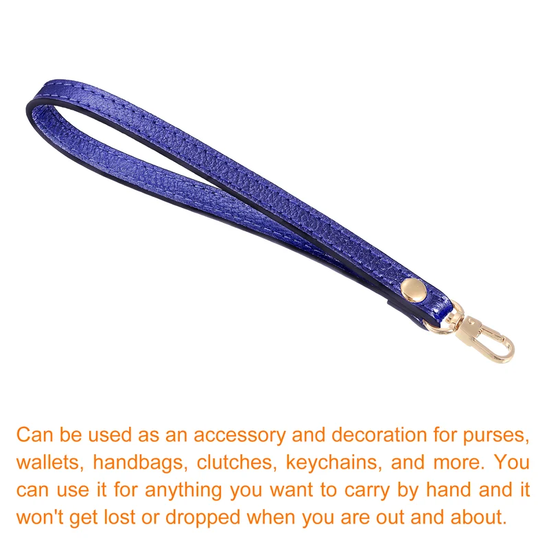 Leather Wristlet Strap, 7.48" Hand Wrist Lanyard Bag Chain, Blue+Gold