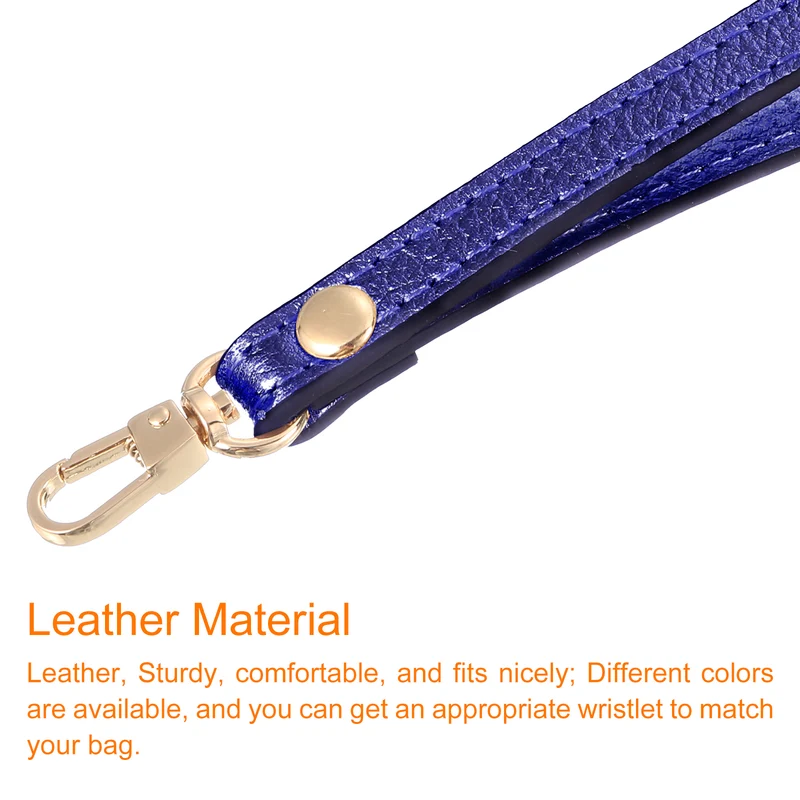 Leather Wristlet Strap, 7.48" Hand Wrist Lanyard Bag Chain, Blue+Gold