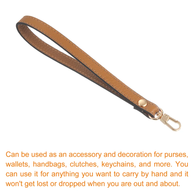 Leather Wristlet Strap, 7.48" Hand Wrist Lanyard Bag Chain, Dark Brown+Gold