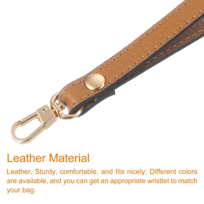 Leather Wristlet Strap, 7.48" Hand Wrist Lanyard Bag Chain, Dark Brown+Gold