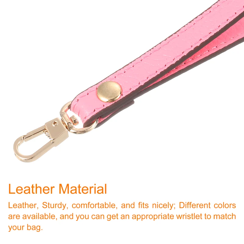 Leather Wristlet Strap, 7.48" Hand Wrist Lanyard Bag Chain, Pink+Gold